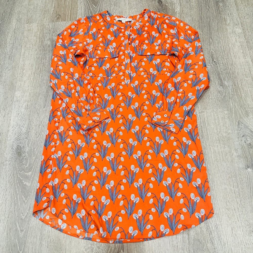 Loft Dress Petites XS Orange Floral Tulip Shirt Dress Long Sleeve Tie Waist XSP - Picture 14 of 16